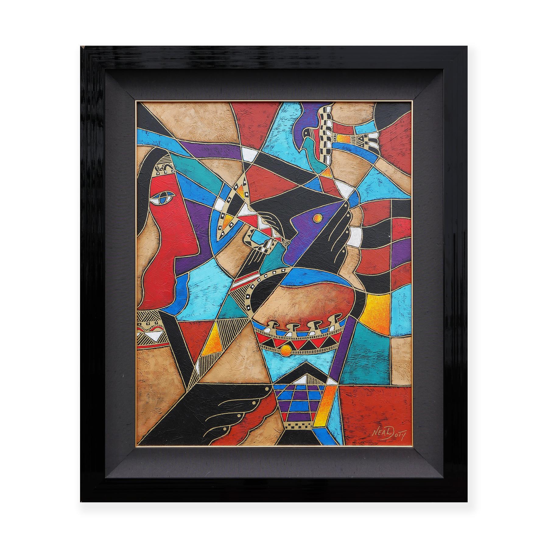 Pittura cubista geometrica astratta figurativa a tecnica mista multicolore - Painting di Neal Doty