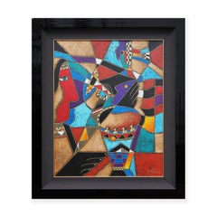 Multi-colored Cubist Geometric Abstract Figurative Mixed Media Painting
