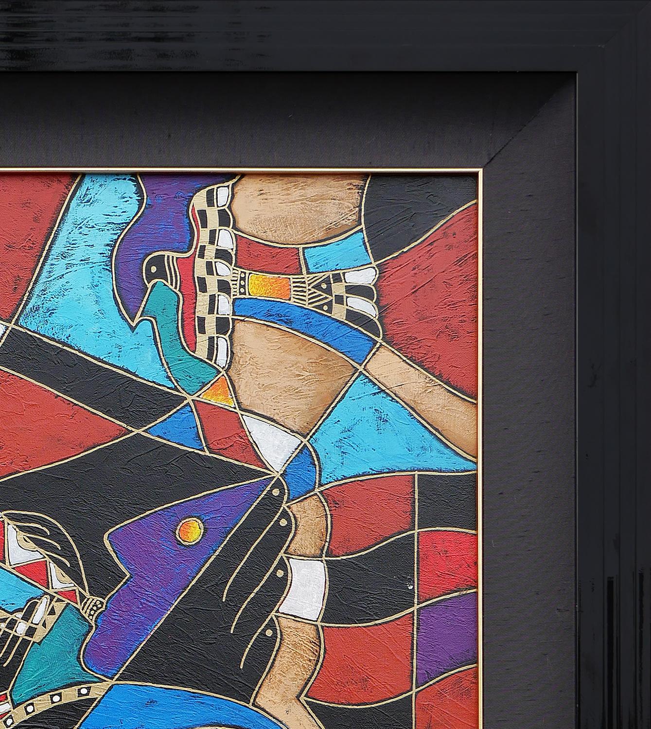 Quadro cubista astratto a tecnica mista rosso, blu, arancione e giallo dell'artista di Los Angeles Neal Doty. L'opera raffigura forme geometriche e colorate che raffigurano volti e mani umane. Le forme sono delineate da linee dorate e brillanti che