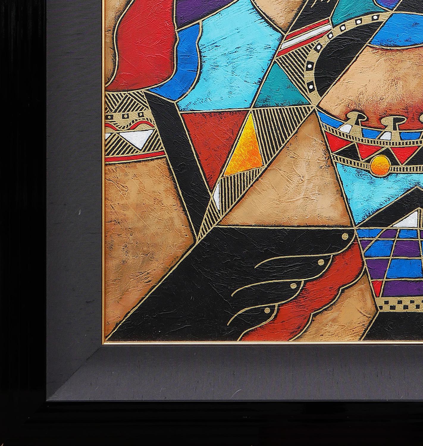 Pittura cubista geometrica astratta figurativa a tecnica mista multicolore 1