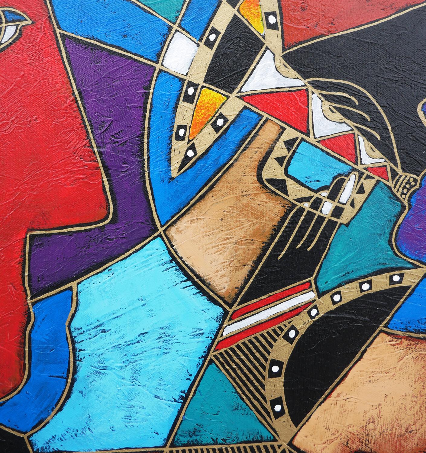 Pittura cubista geometrica astratta figurativa a tecnica mista multicolore 3