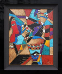 Multi-colored Cubist Geometric Abstract Figurative Mixed Media Painting