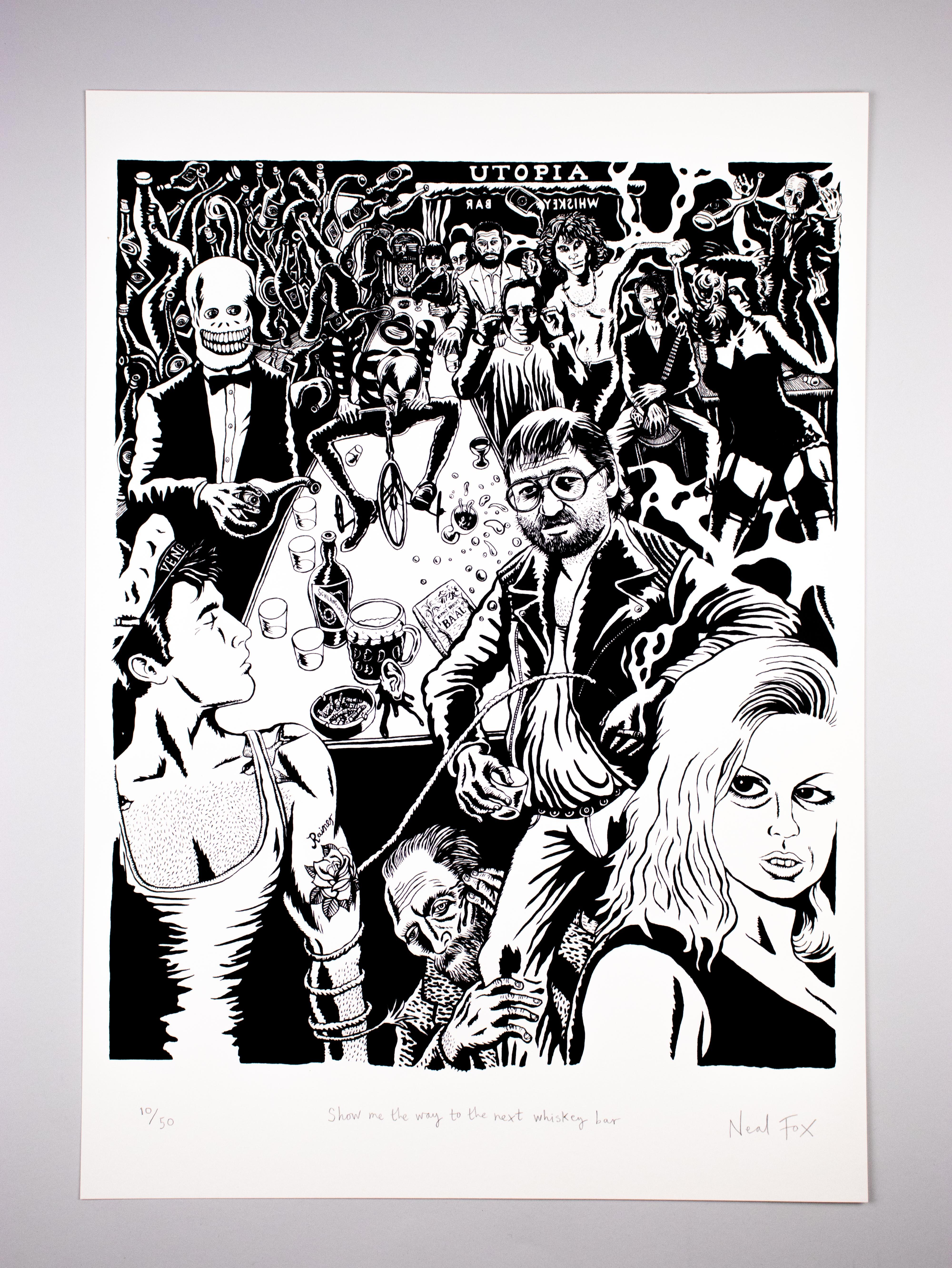 NEAL FOX
Show Me the Way to the Next Whiskey Bar

2015
Beautiful b/w lithograph on thick paper
Limited edition of 50 (here: 10/50)
59.5 x 44.5 cm
Hand-signed, -numbered, and -titled by the artist

The picture shows pop culture's greatest figures