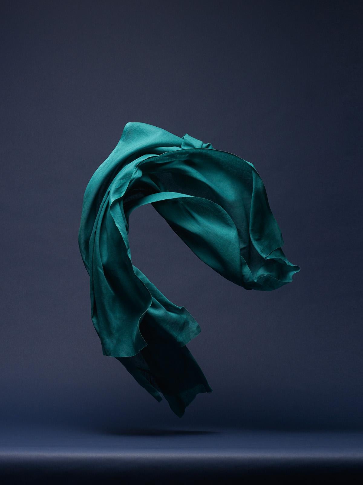 Neal Grundy Still-Life Photograph - Dancing Fabric, Dark Green on Dark Blue