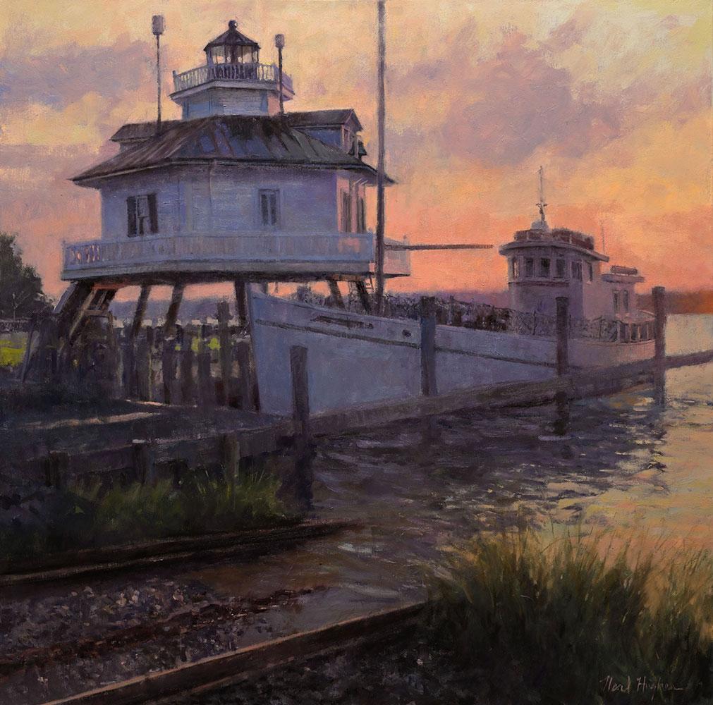 Amanecer del río Miles, paisaje marino realista original de 30x30 - Painting de Neal Hughes