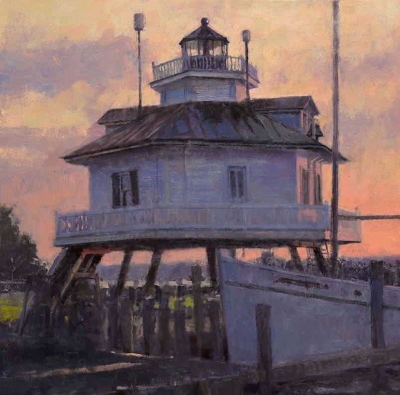 Amanecer del río Miles, paisaje marino realista original de 30x30 - Painting Realista de Neal Hughes