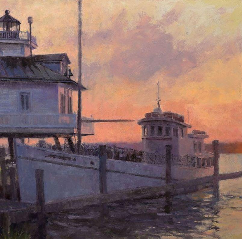 Amanecer del río Miles, paisaje marino realista original de 30x30 - Landscape Painting Negro de Neal Hughes