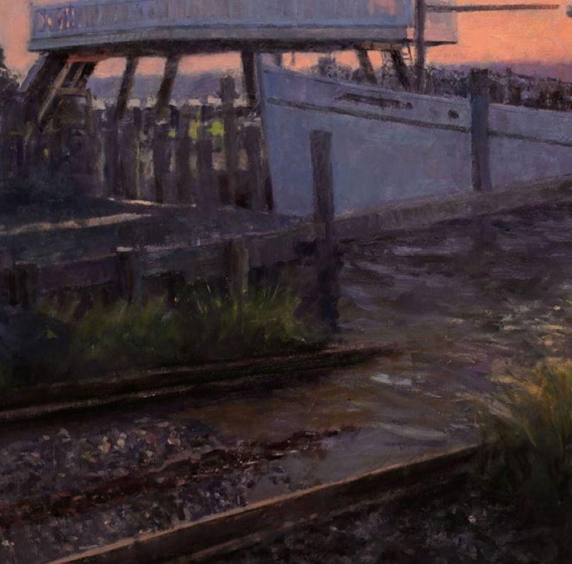 Amanecer del río Miles, paisaje marino realista original de 30x30 en venta 1