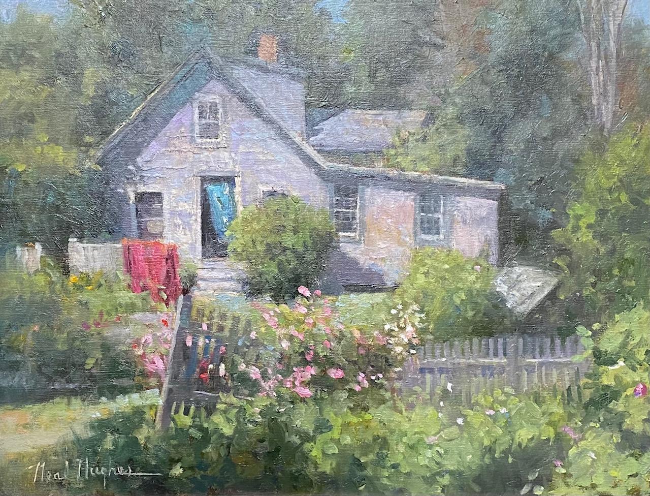 Monhegan Cottage, Maine, original marine landscape oil painting - Painting by Neal Hughes