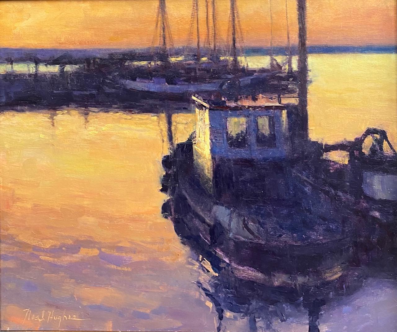 Sunrise Tug, original realist impressionist nocturnal marine landscape - Painting by Neal Hughes