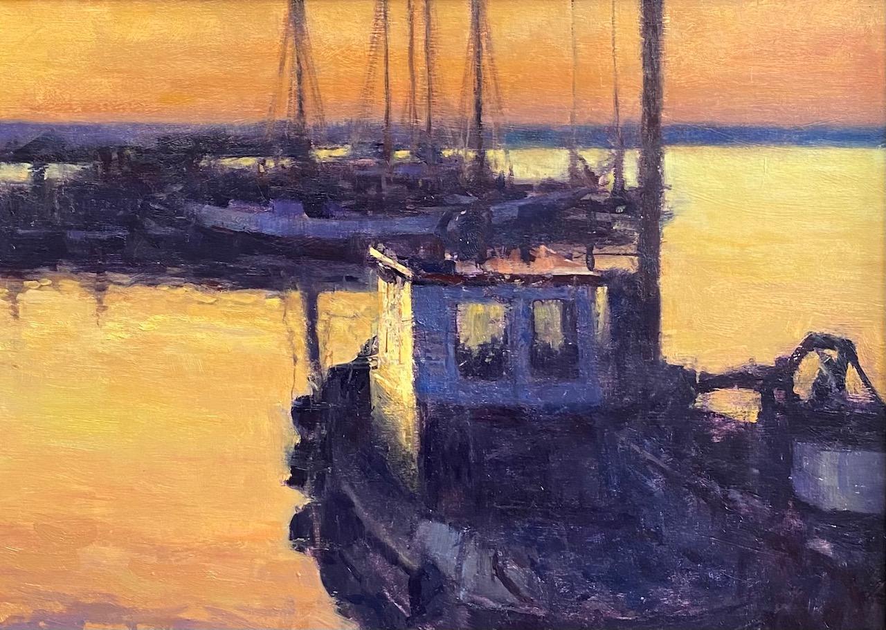 Sunrise Tug, original realist impressionist nocturnal marine landscape - Realist Painting by Neal Hughes