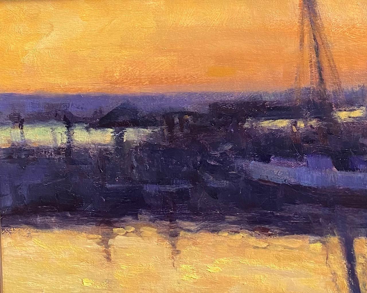 Sunrise Tug, original realist impressionist nocturnal marine landscape - Black Landscape Painting by Neal Hughes