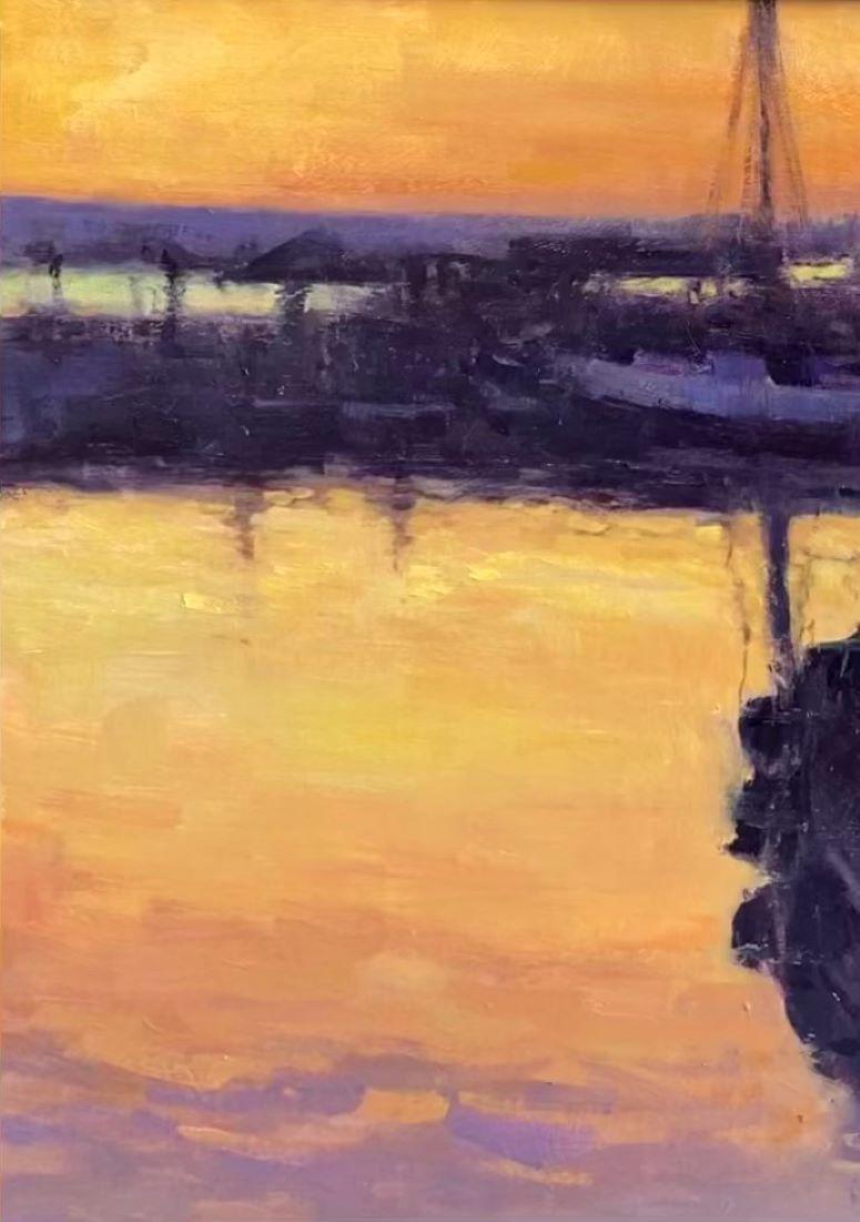 Sunrise Tug, paysage marin nocturne réaliste original et impressionniste en vente 1