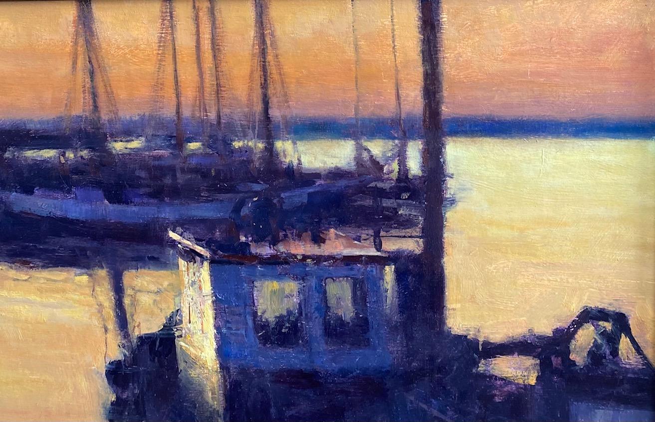 Sunrise Tug, paysage marin nocturne réaliste original et impressionniste en vente 2
