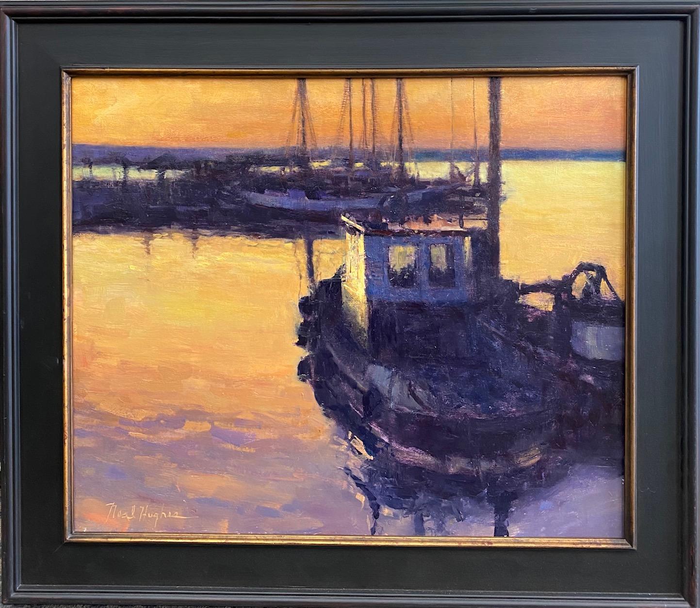 Neal Hughes Landscape Painting - Sunrise Tug, original realist impressionist nocturnal marine landscape