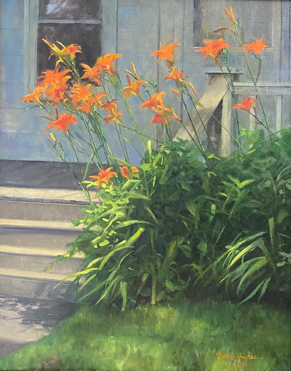 Tiger Lilies,  original realistic floral landscape - Painting by Neal Hughes