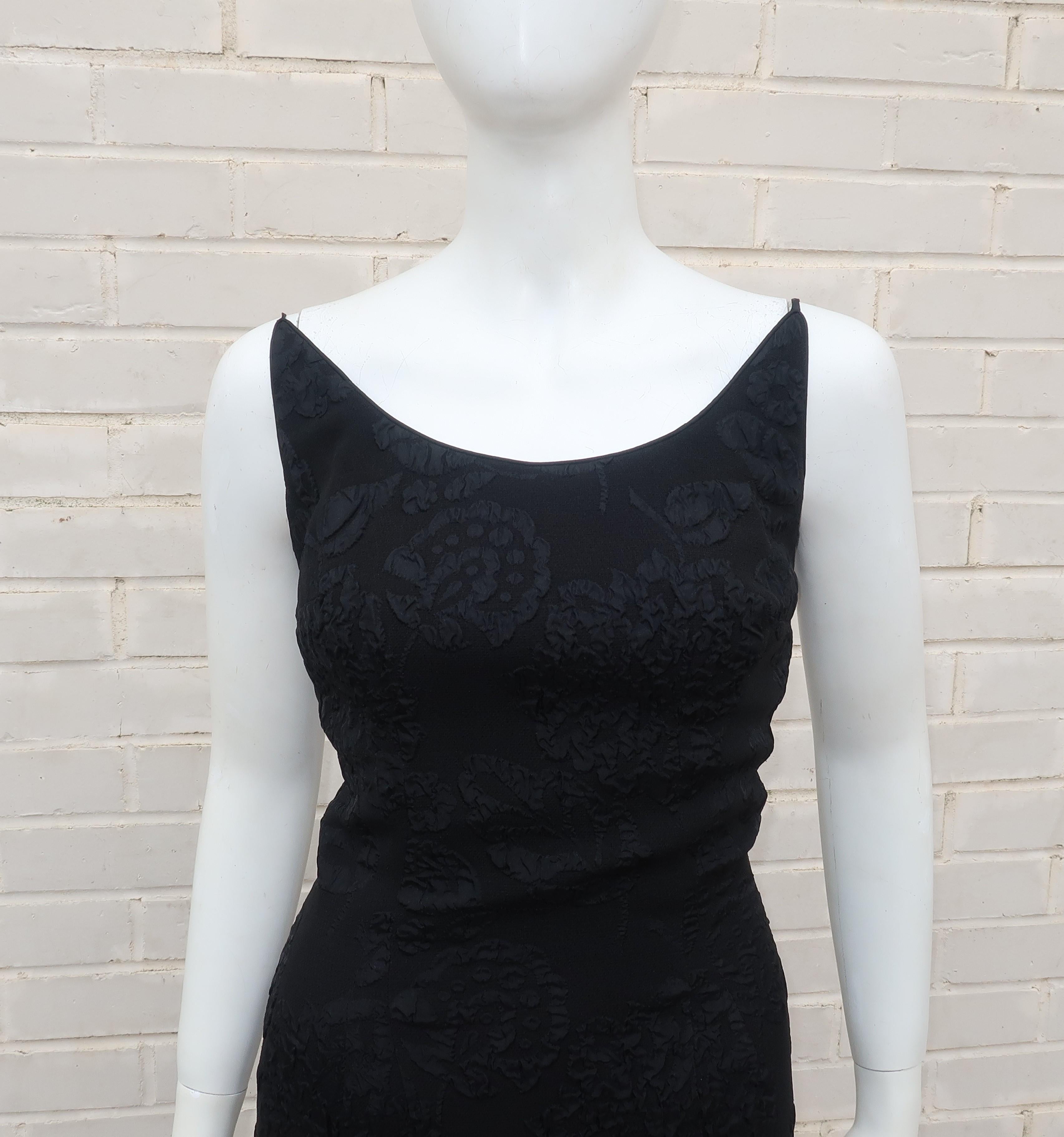 Neal of California C.1960 Black Jacquard Cocktail Dress With Ruffled Hem In Good Condition For Sale In Atlanta, GA