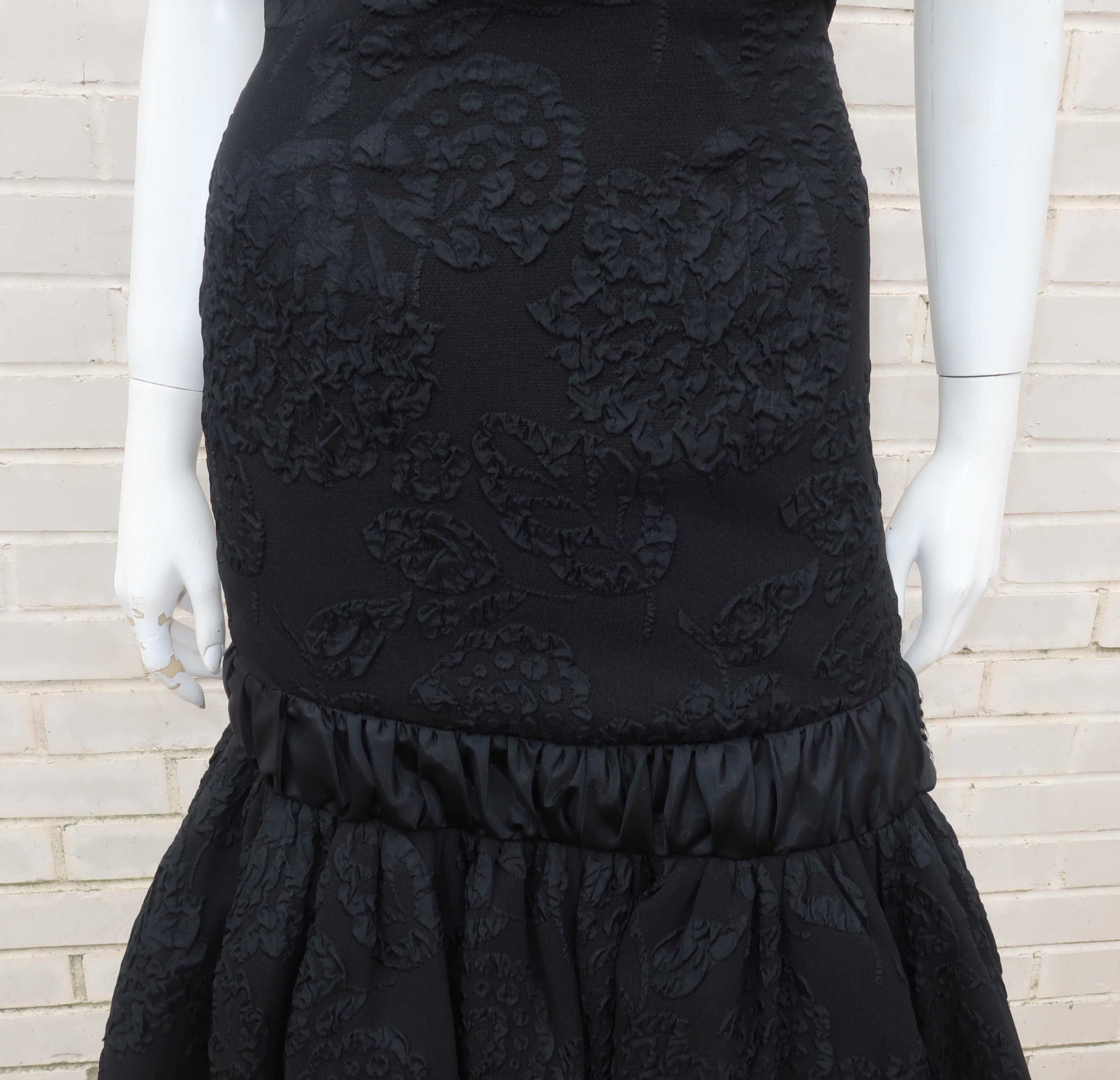 Women's Neal of California C.1960 Black Jacquard Cocktail Dress With Ruffled Hem For Sale