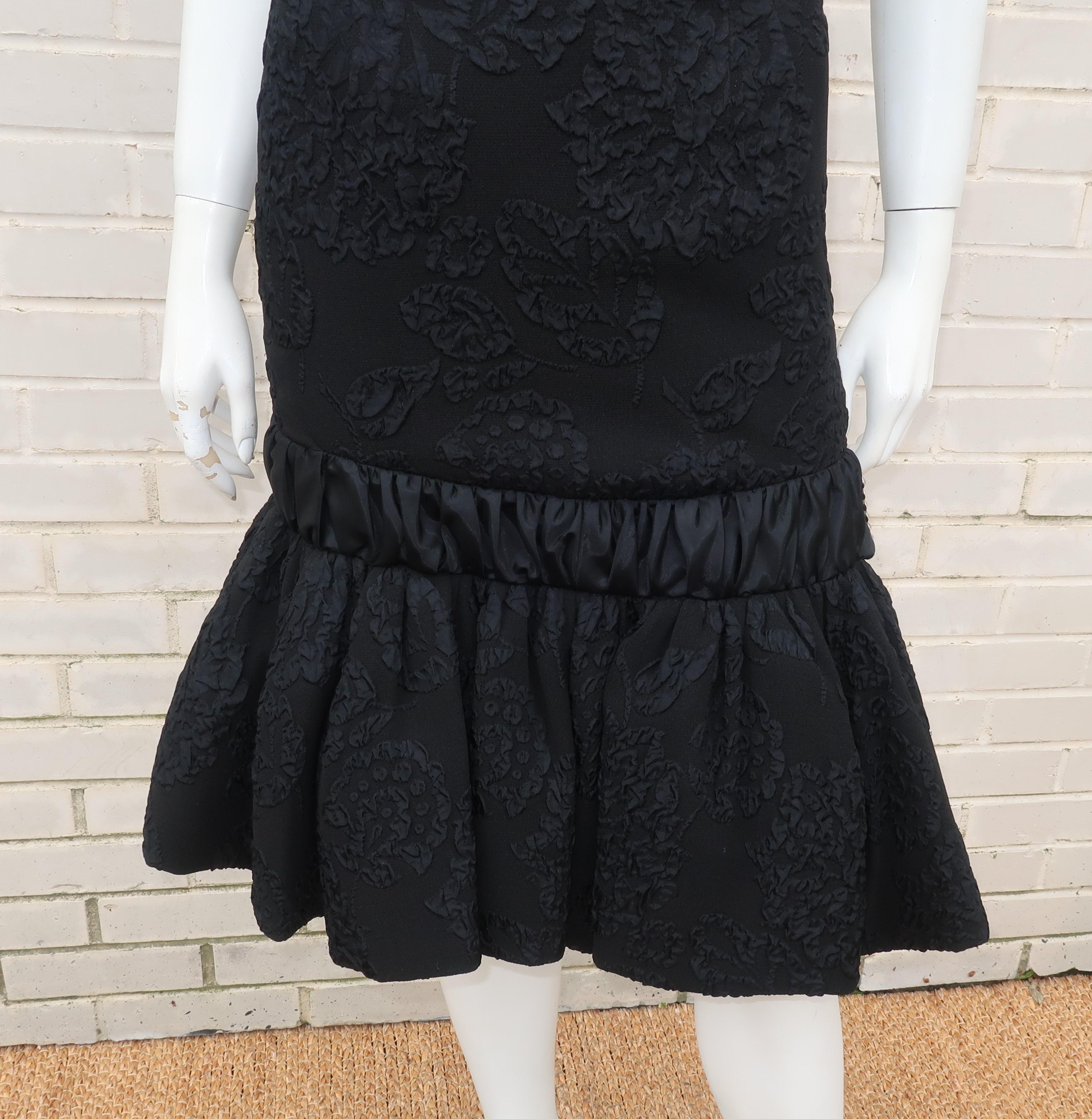 Neal of California C.1960 Black Jacquard Cocktail Dress With Ruffled Hem For Sale 1