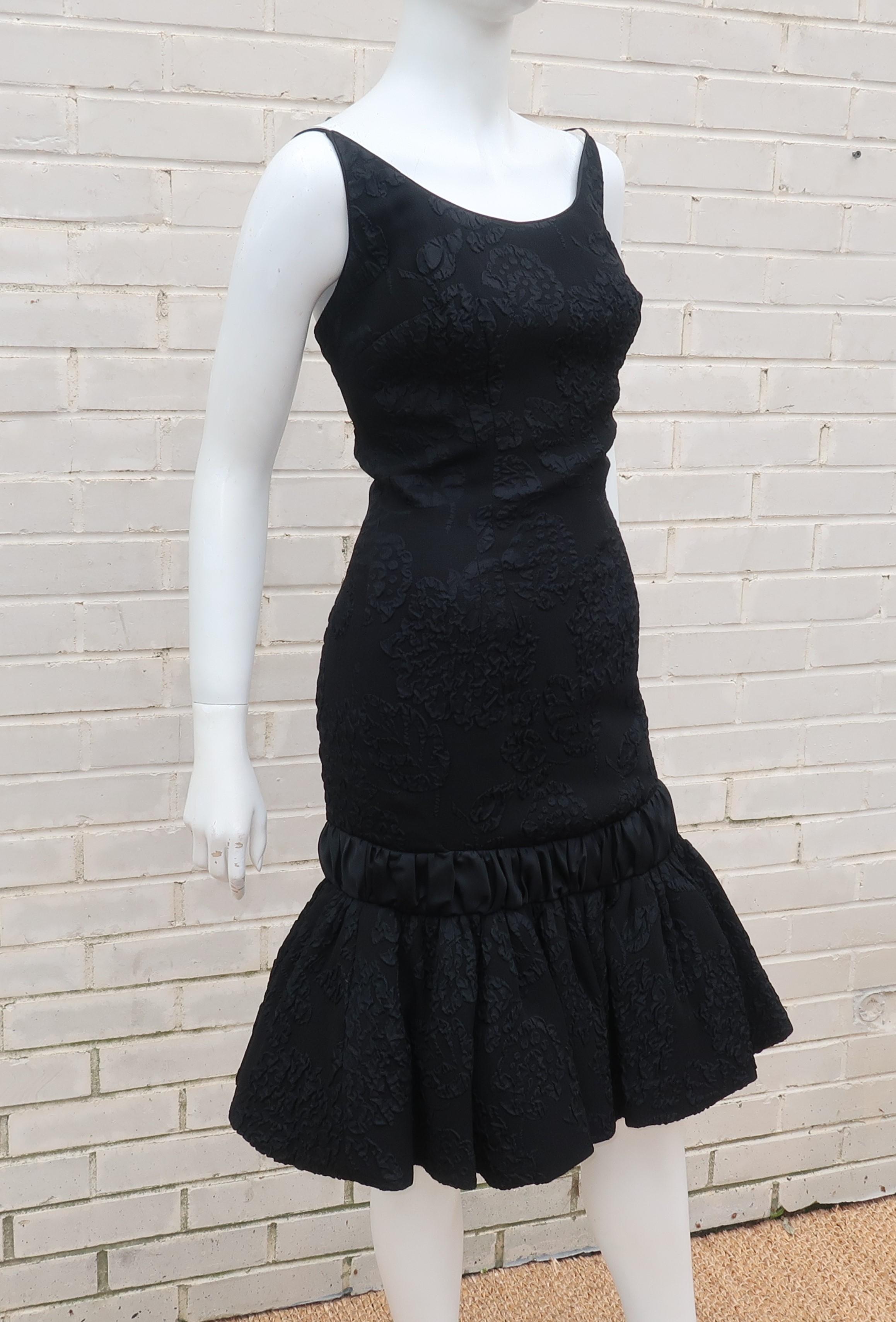 Neal of California C.1960 Black Jacquard Cocktail Dress With Ruffled Hem For Sale 2