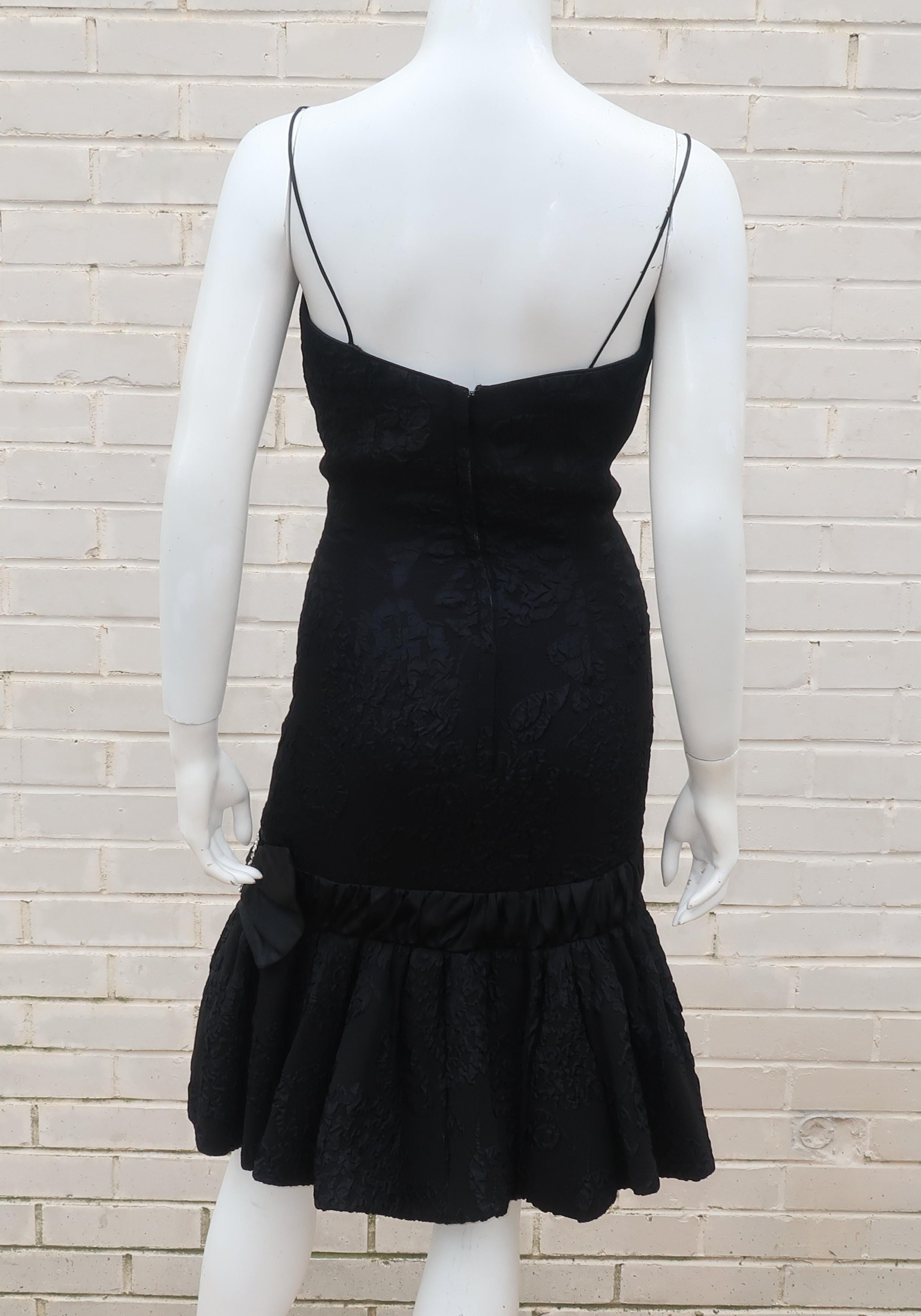 Neal of California C.1960 Black Jacquard Cocktail Dress With Ruffled Hem For Sale 3