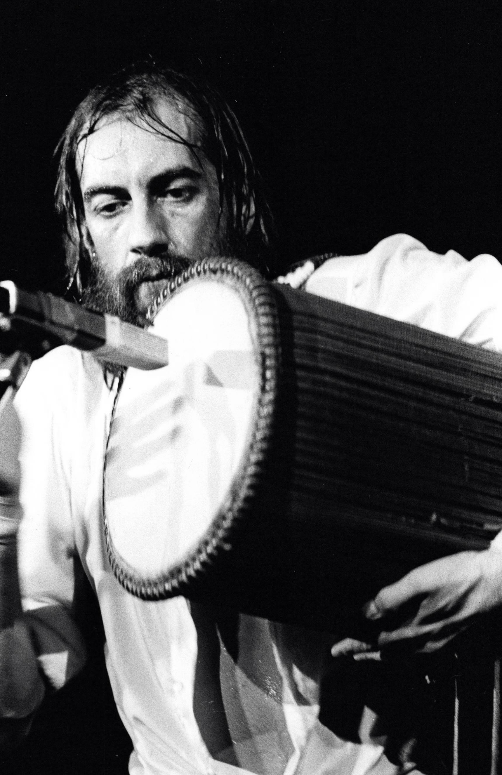 Neal Preston Black and White Photograph - Mick Fleetwood of Fleetwood Mac Playing Bongo Vintage Original Photograph