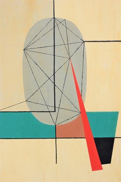 Cream, Teal & Red Abstract Geometric Landscape in the Style of Wassily Kandinsky
