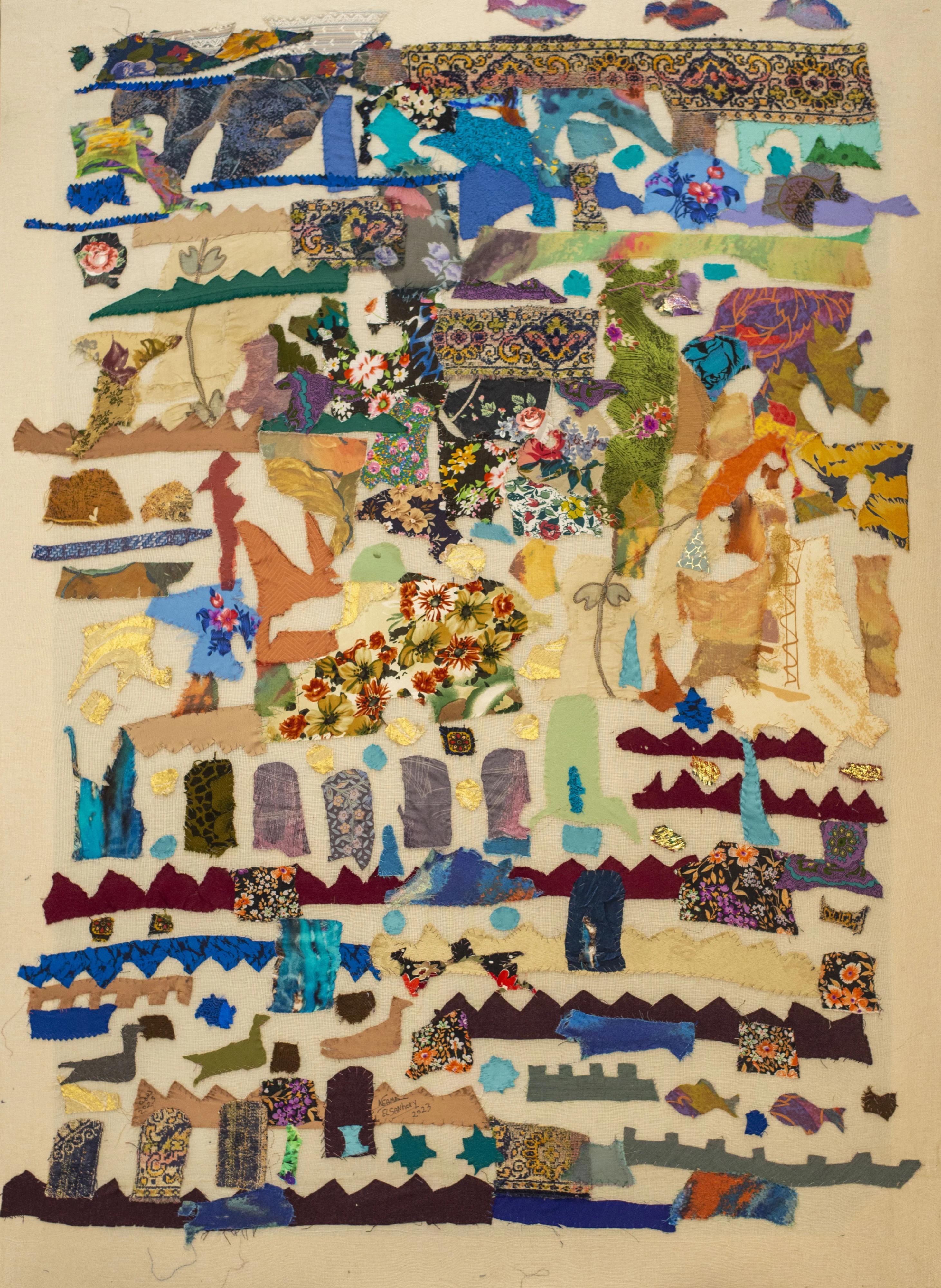 "Hallowed Ground" 47" x 33" inch by Neama El Sanhoury

Medium: fabric appliqué on linen

"Fragments of Time" series: 
Ultimately, El Sanhoury’s work is contemplated and generated in a thoroughly modern constitution that appeals to and imparts upon
