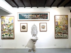 "Tierra antes del tiempo II" aplique de tela sobre lienzo 59 x 31 pulg. de Neama El Sanhoury