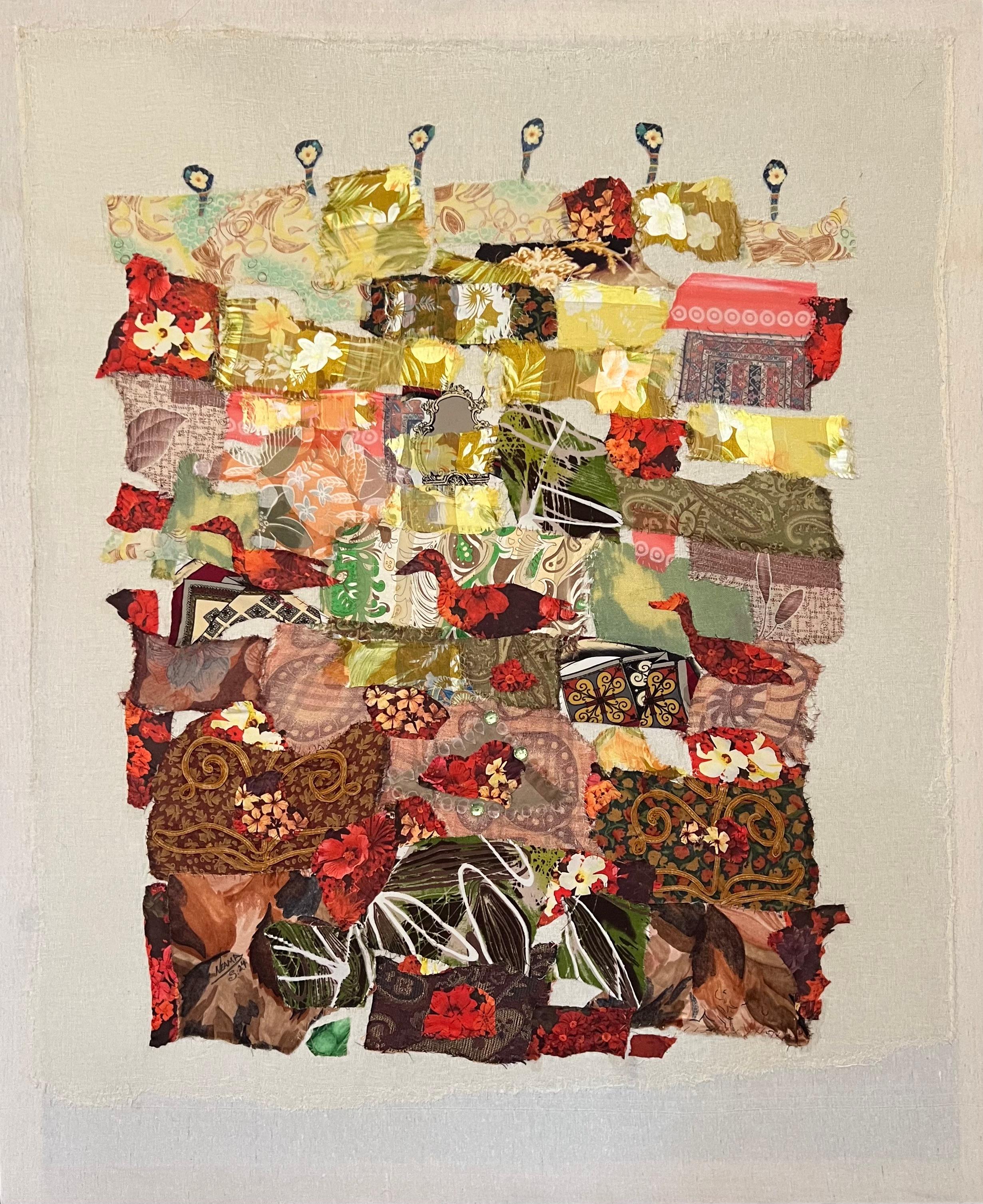 "Nurture" fabric appliqué on canvas 47" x 39" inch by Neama El Sanhoury