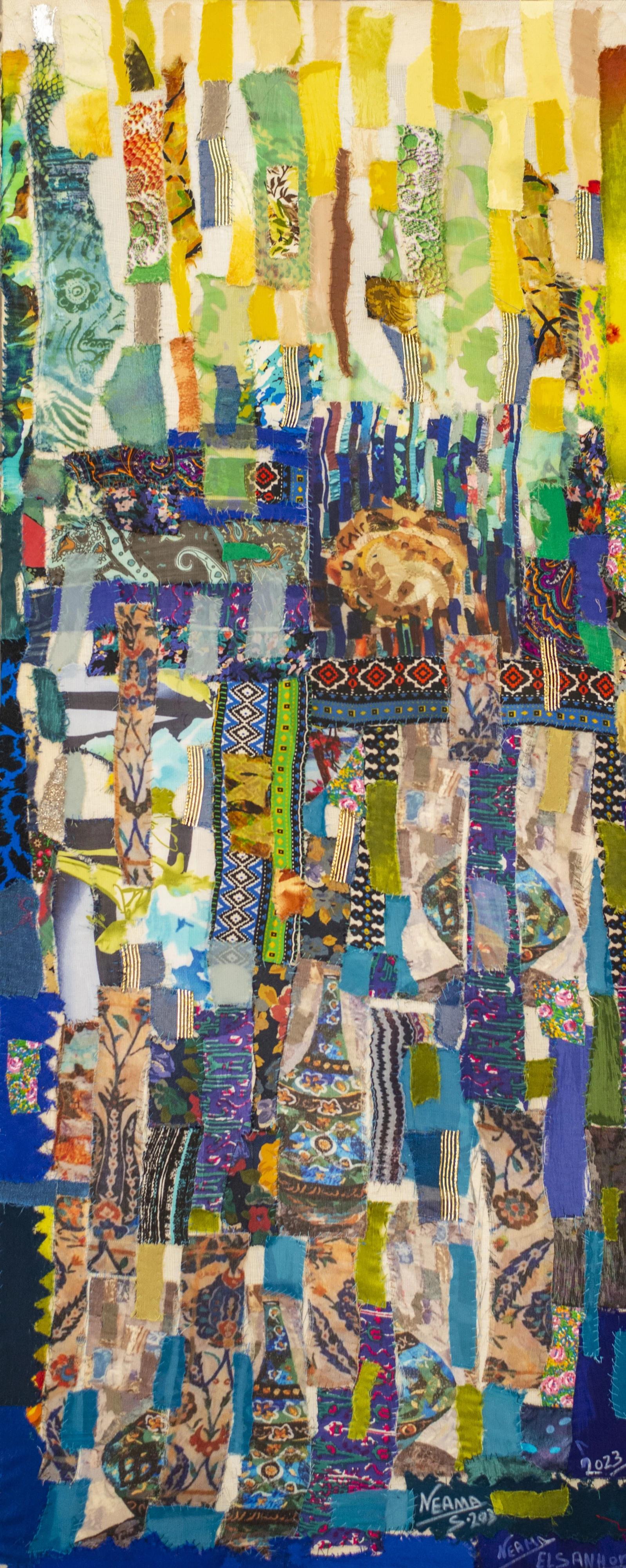 "Das neue Zeitalter" Textilmalerei 43" x 18" Zoll von Neama El Sanhoury

Medium: Stoffapplikation auf Leinen

Reihe "Fragmente der Zeit": 
Letztlich wird El Sanhourys Werk in einer durch und durch modernen Verfassung betrachtet und generiert, die an