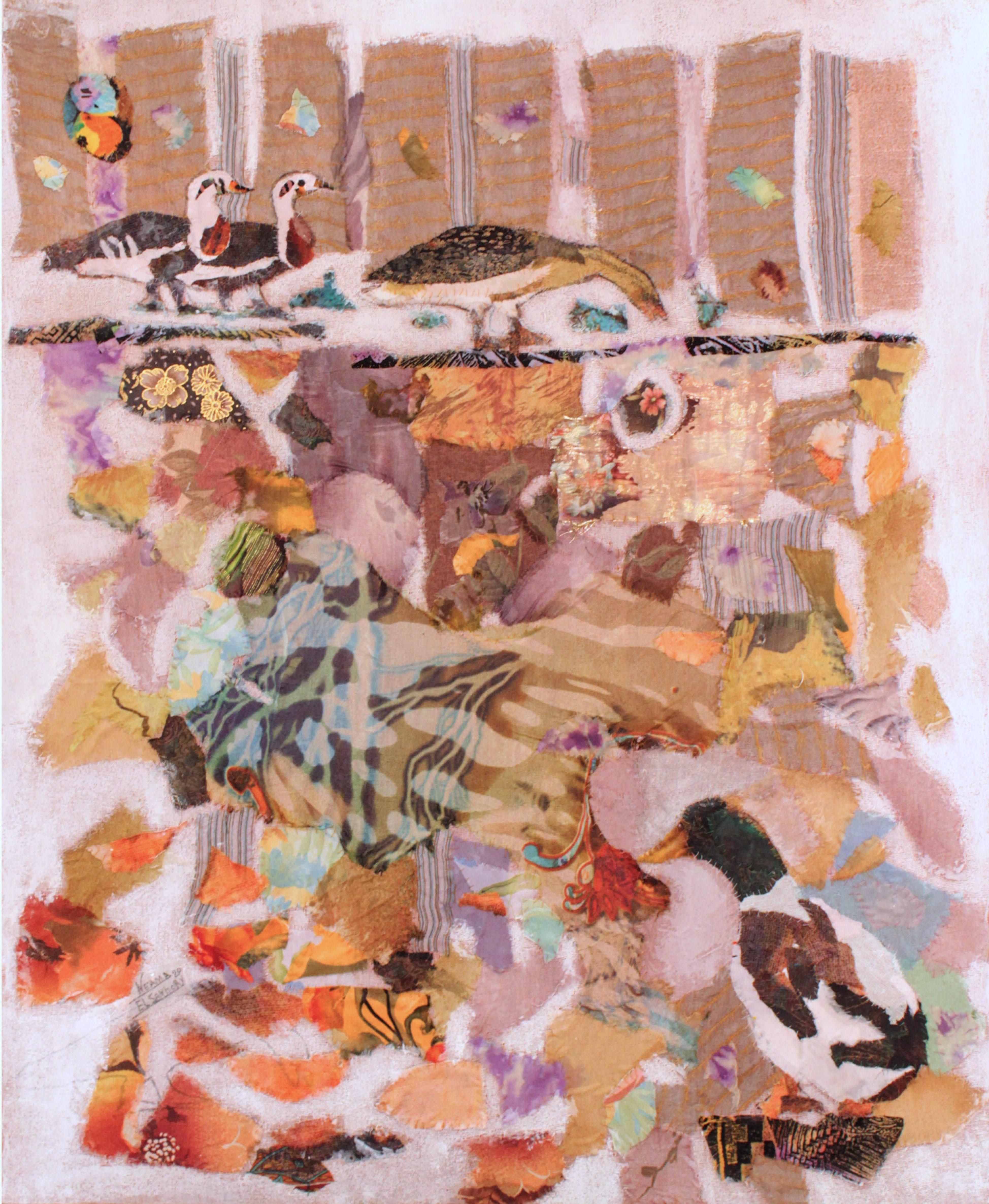 "Wasservogel" Abstrakte Collage 39" x 31" Zoll von Neama El Sanhoury

Stoffcollage auf Leinen auf Holz

KÜNSTLER BIO
Neama El Sanhourys Aufwachsen in einem, wie sie es nennt, kultivierten Haushalt hat vor allem dazu geführt, dass sie den Reichtum