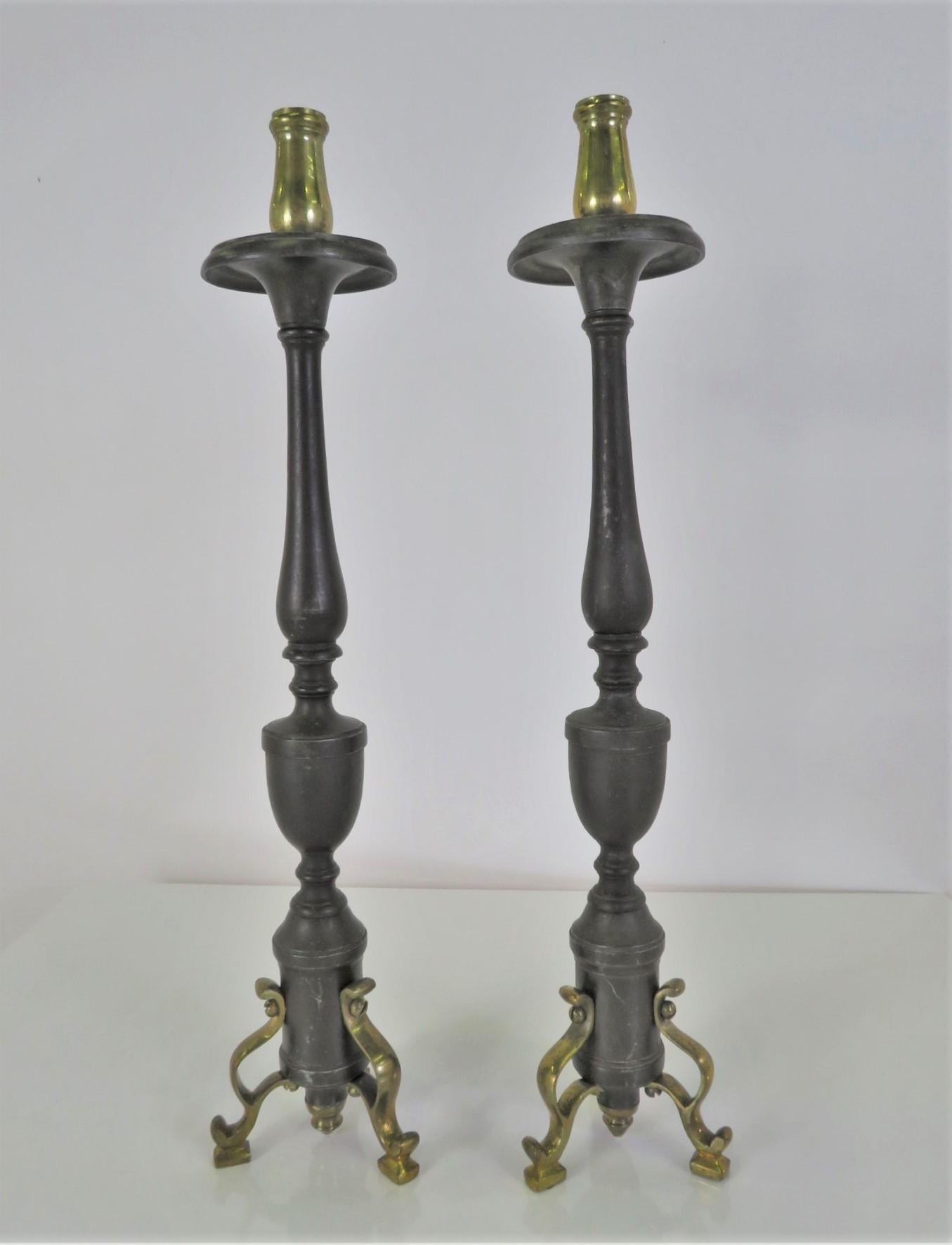 Italian Neapolitan 18th Century Late Baroque Pair of  Bronze Altar Candlesticks For Sale