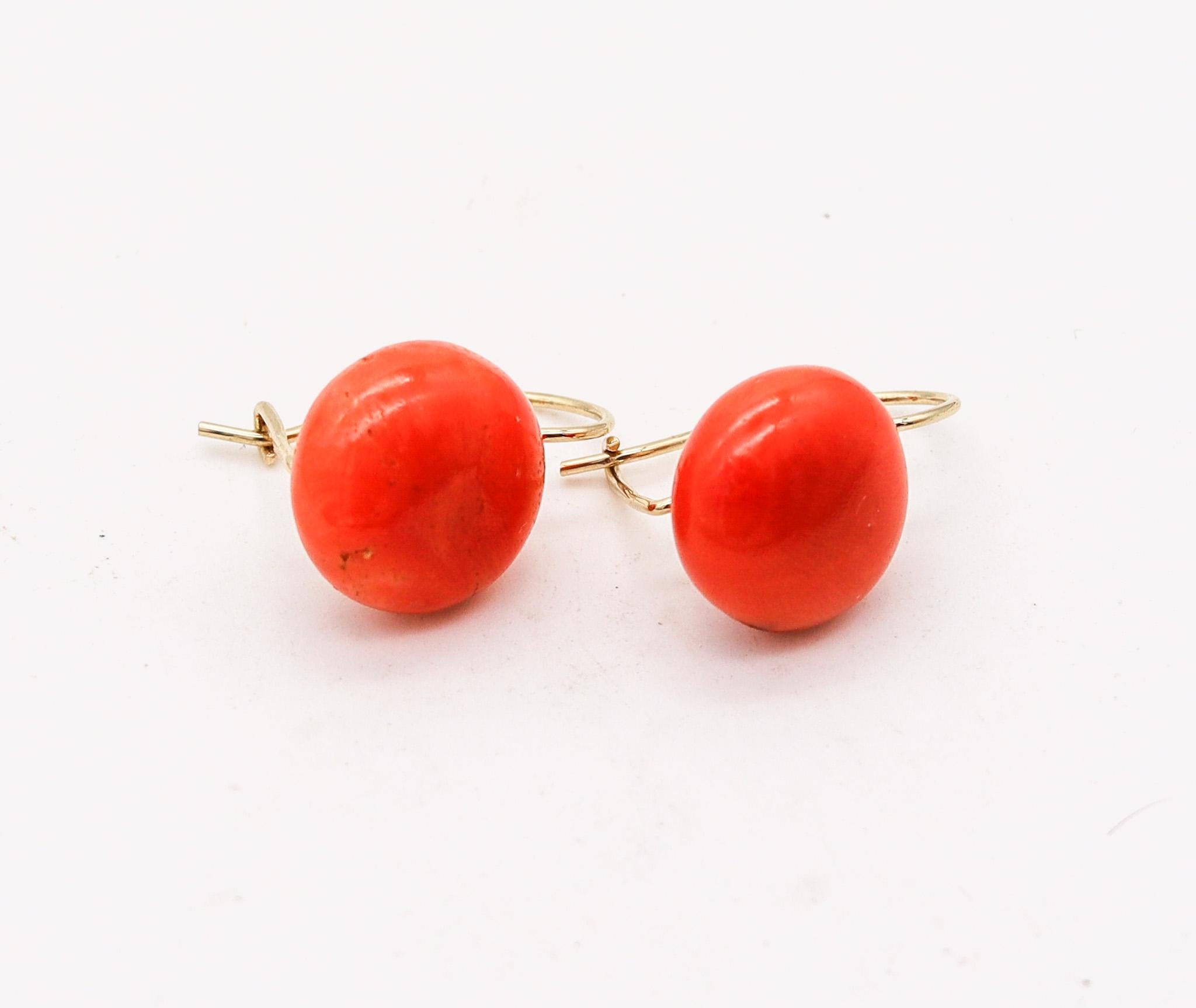 Modernist Neapolitan 1950 Italian Dangle Drop Coral buttons Earrings In I8Kt Yellow Gold