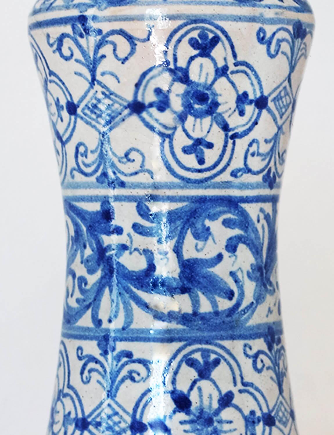 Renaissance Italian Neapolitan Hand-painted Blue and White Ceramic Albarello, 1800s For Sale