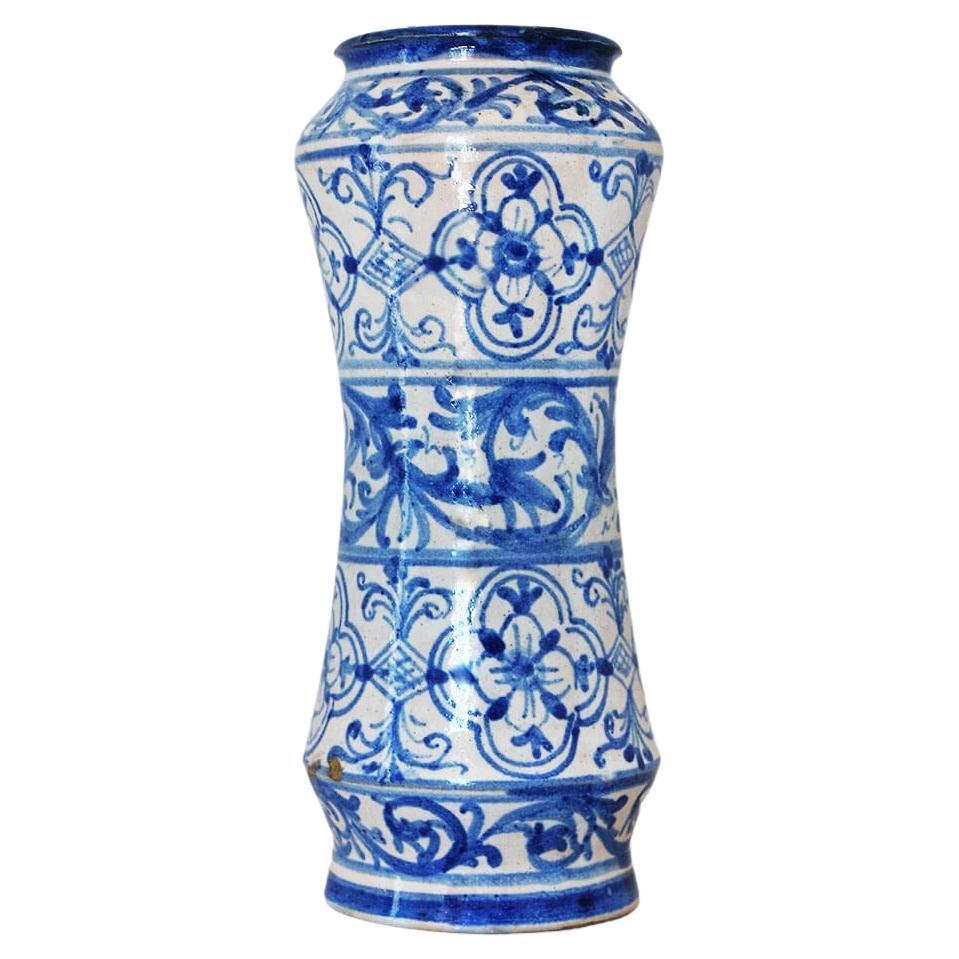 Italian Neapolitan Hand-painted Blue and White Ceramic Albarello, 1800s For Sale