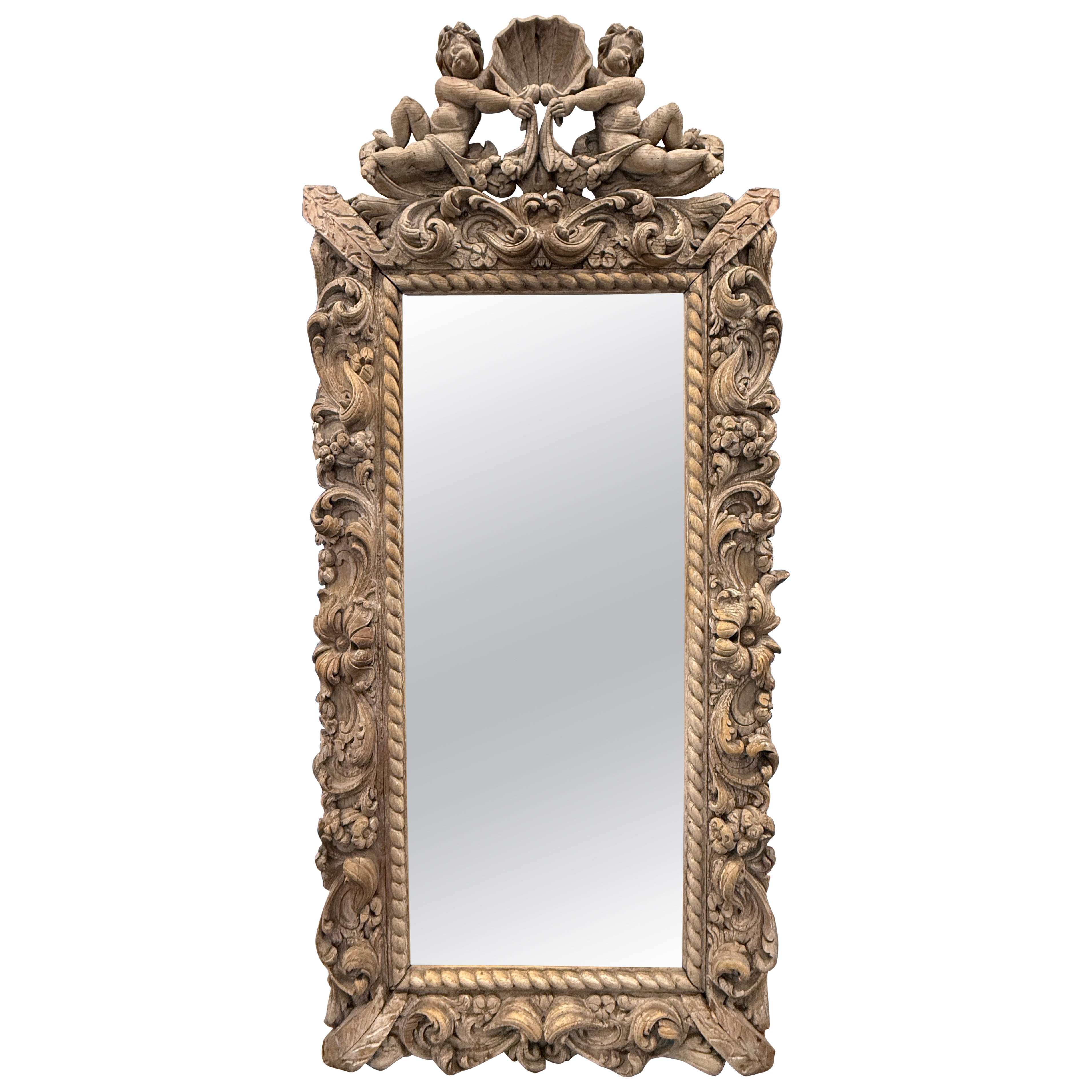 Neapolitan Baroque Carved Wood Mirror with Putti and Shell Crest C. 1680-1720 For Sale