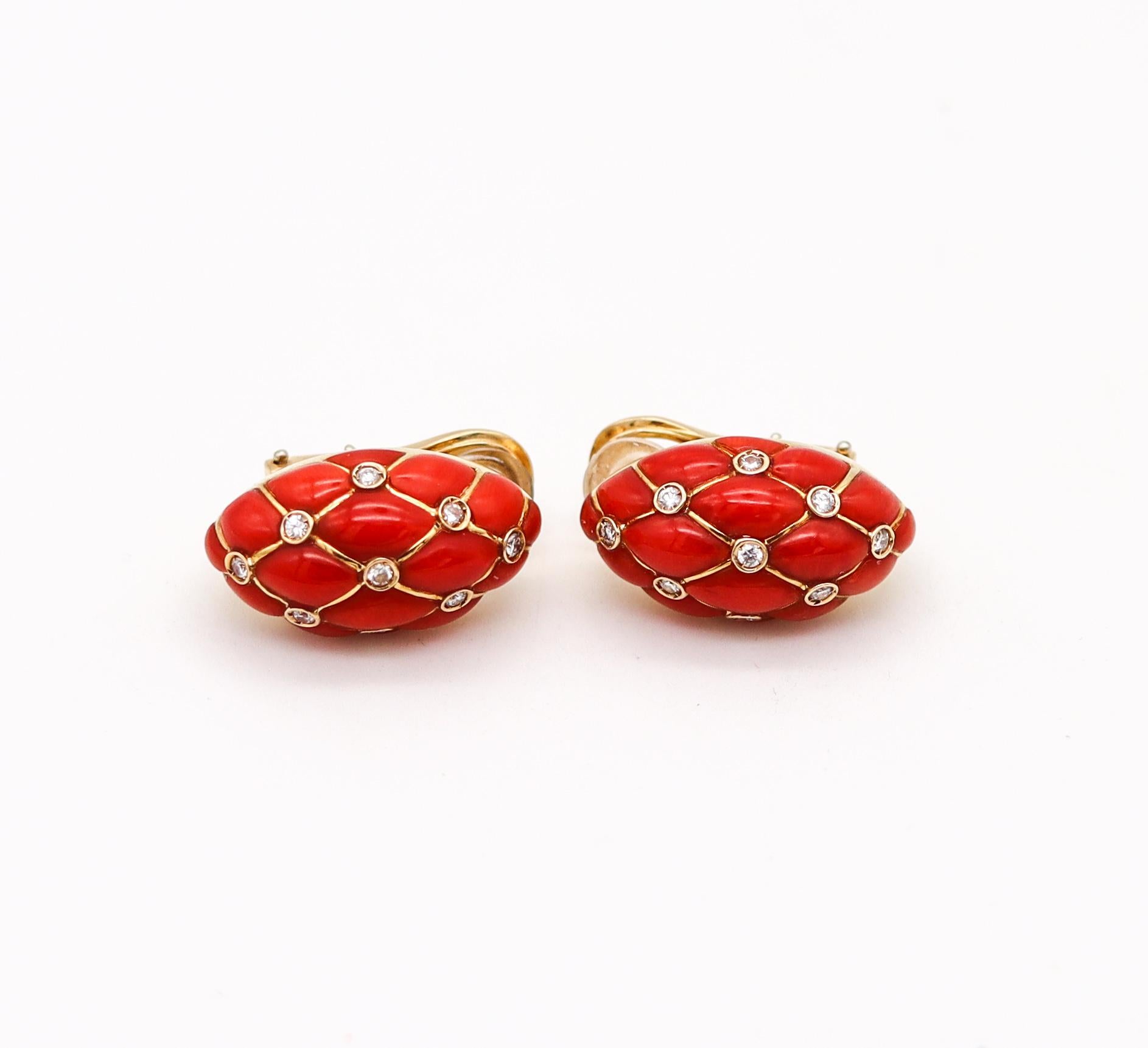 Neapolitan coral and diamonds earrings.

Beautiful and colorful contemporary pieces, crafted in the portuary city of Napoles, Italy in solid yellow gold of 18 karats with high polished finish. These convertible earrings has been designed with a