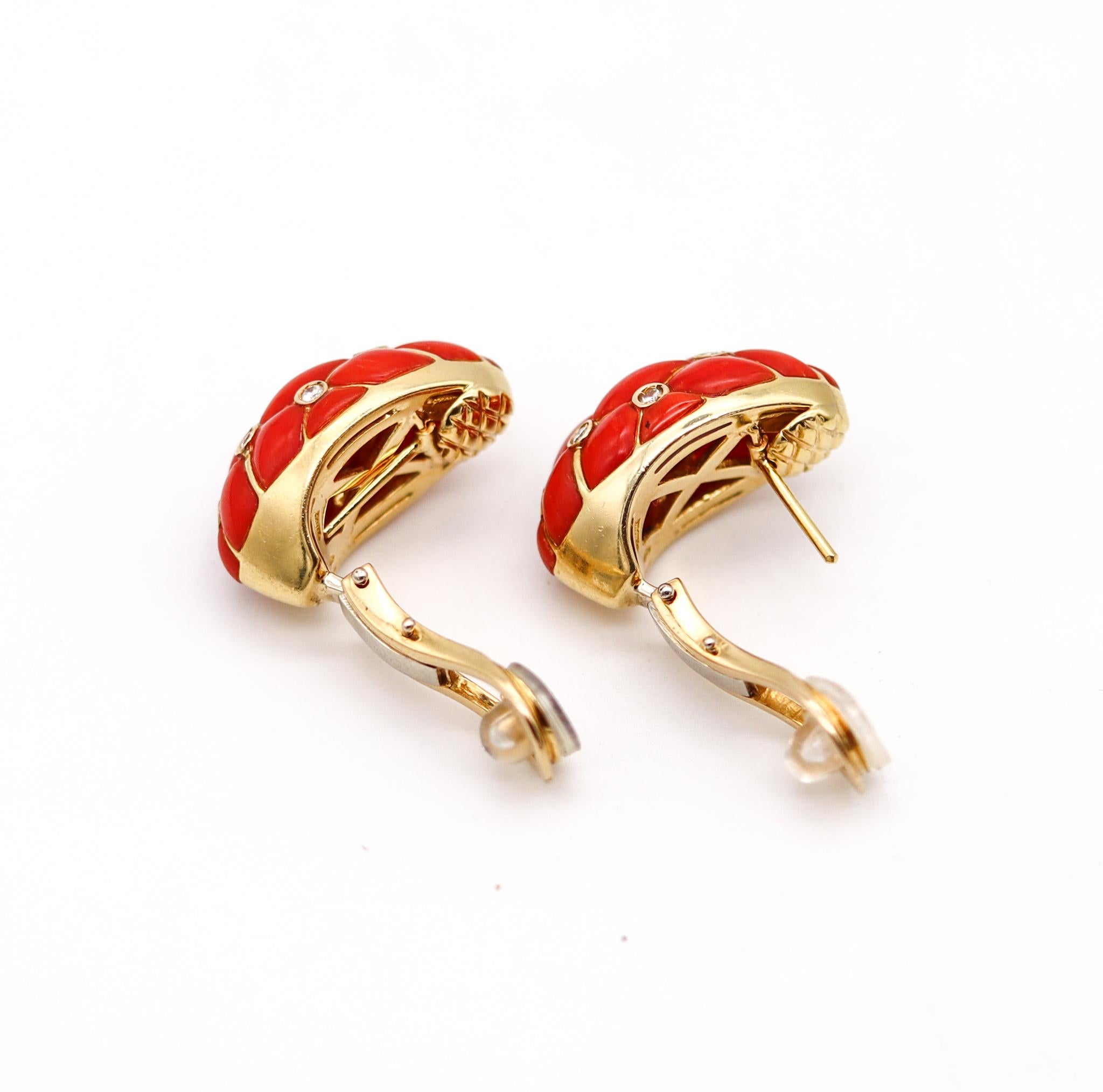 Modernist Neapolitan Coral Quilted Convertible Earrings 18Kt Yellow Gold With VS Diamonds For Sale