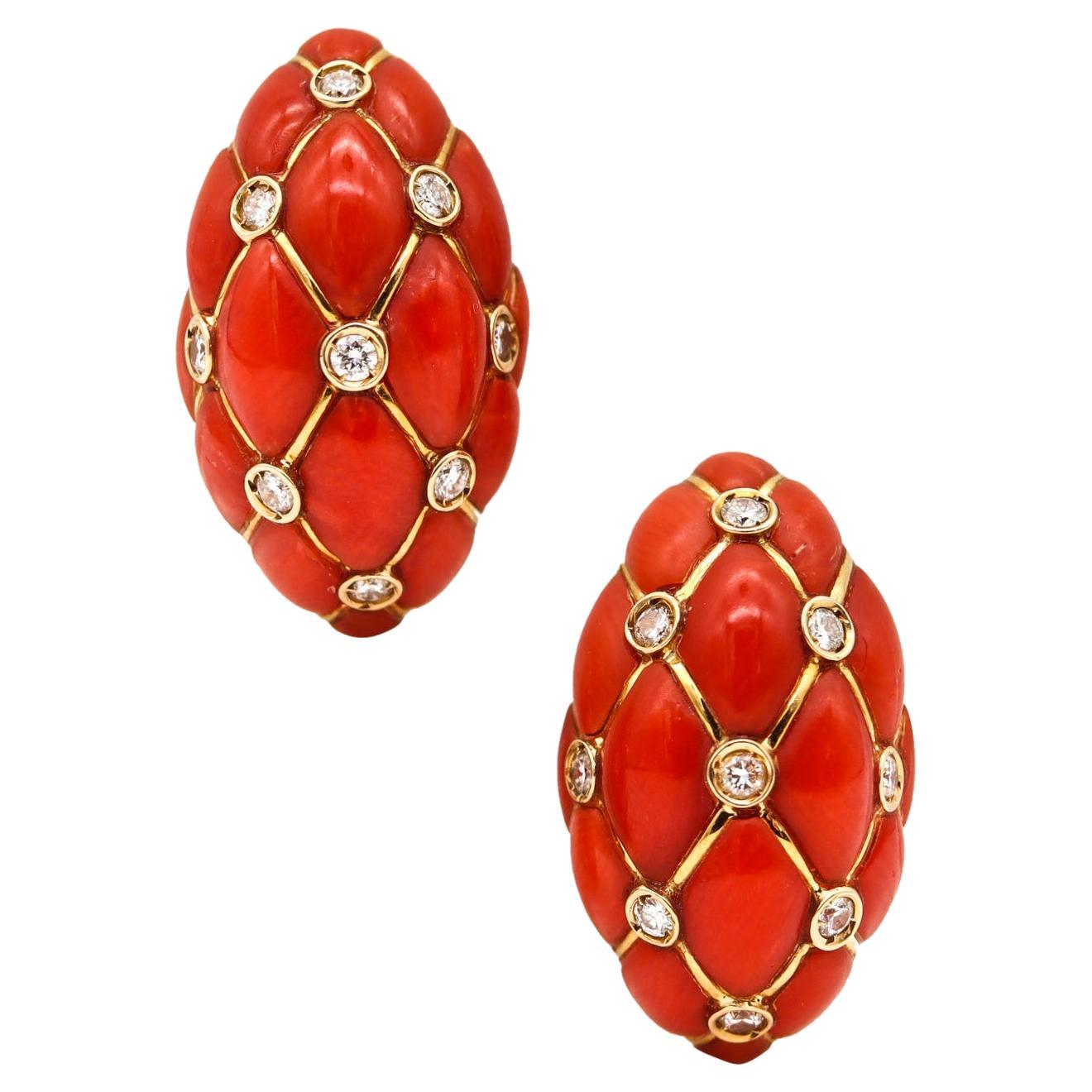 Neapolitan Coral Quilted Convertible Earrings 18Kt Yellow Gold With VS Diamonds For Sale