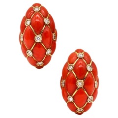 Antique Neapolitan Coral Quilted Convertible Earrings 18Kt Yellow Gold With VS Diamonds