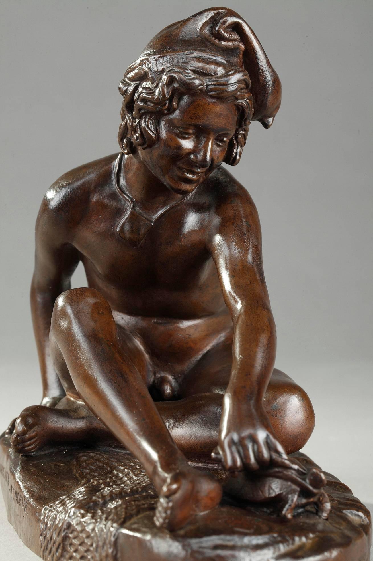 Mid-19th century bronze sculpture with brown patina featuring a cheerful Neapolitan boy playing with a tortoise by the sea. Cast by Ferdinand Barbedienne after François Rude (1784-1855). Marked on the base F. BARBEDIENNE FONDEUR and Reduction