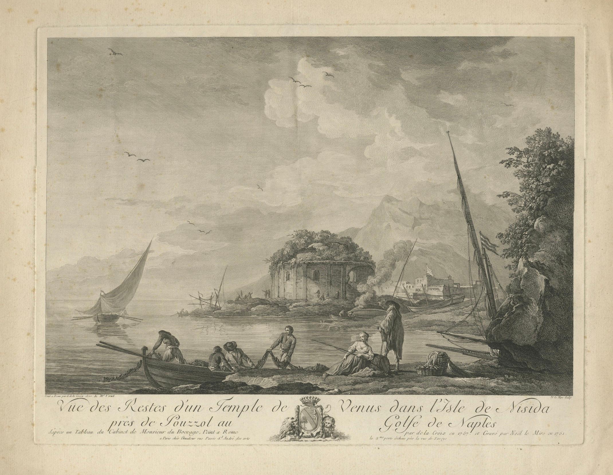 Neapolitanische Ruinen - Antike gestochene Ansicht des Venustempels, Nisida, 1761 (Papier) im Angebot