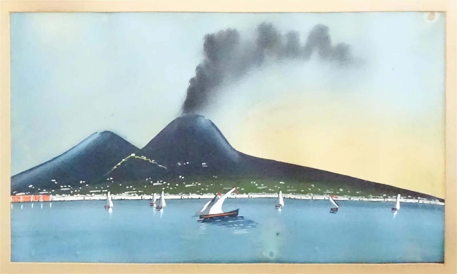 Italian Neapolitan School, Gouache, View of Mount Vesuvius and the Bay of Naples For Sale