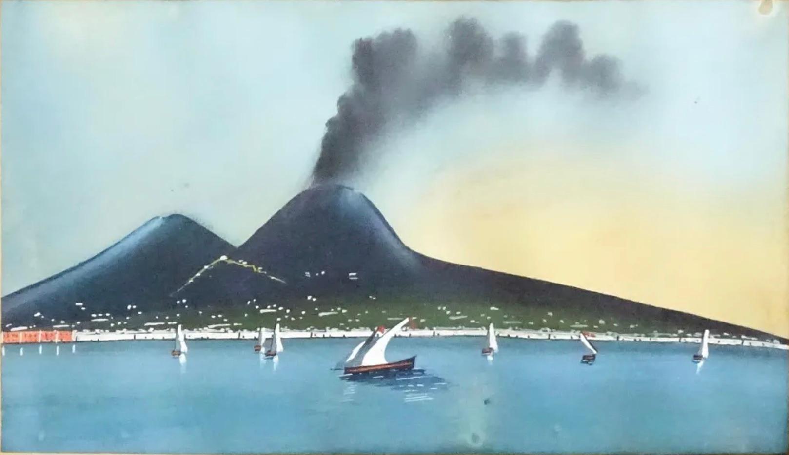 Neapolitan School, Gouache, View of Mount Vesuvius and the Bay of Naples In Good Condition For Sale In Dallas, TX