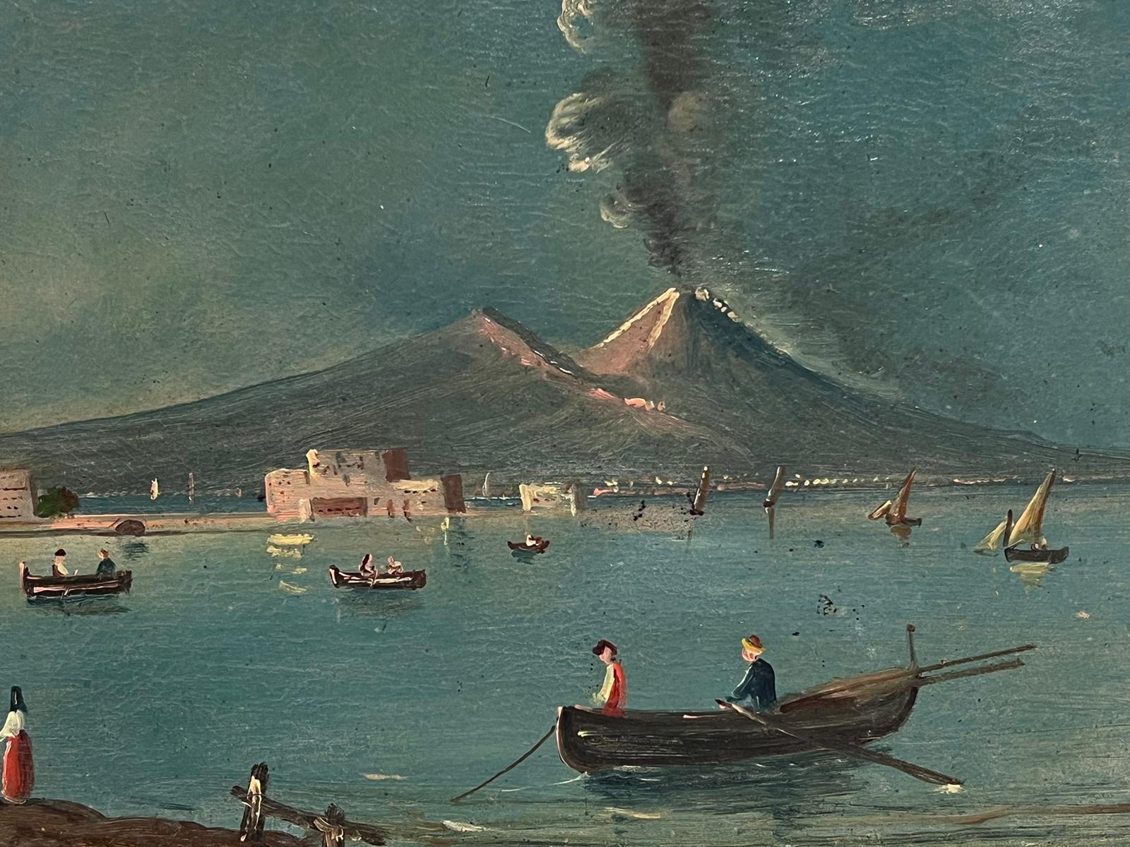 Monte Vesubio en erupción Bahía de Nápoles Pintura al óleo italiana antigua sobre lienzo - Painting Victoriano de Neapolitan School