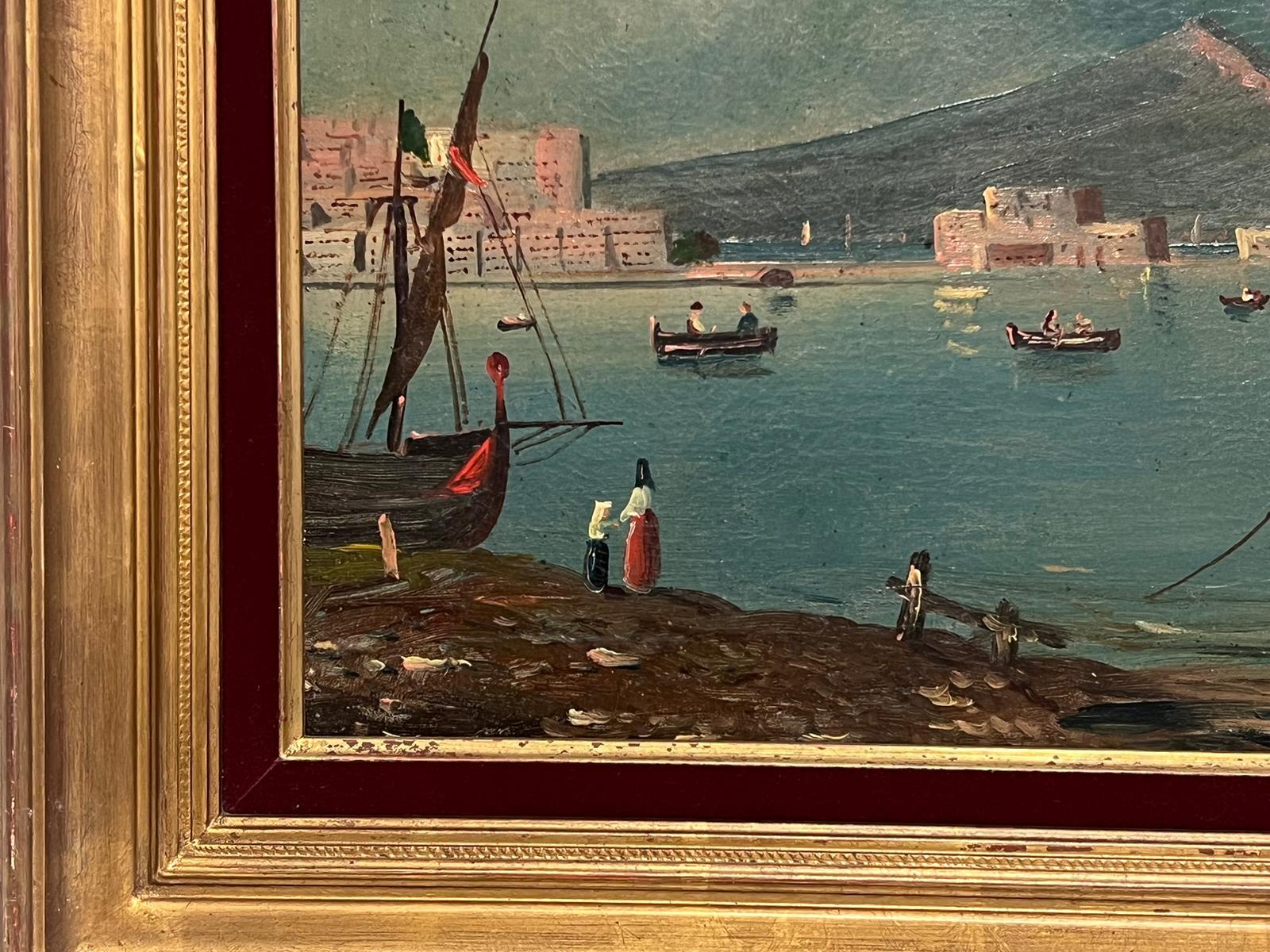 Monte Vesubio en erupción Bahía de Nápoles Pintura al óleo italiana antigua sobre lienzo 1