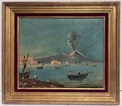 Monte Vesubio en erupción Bahía de Nápoles Pintura al óleo italiana antigua sobre lienzo