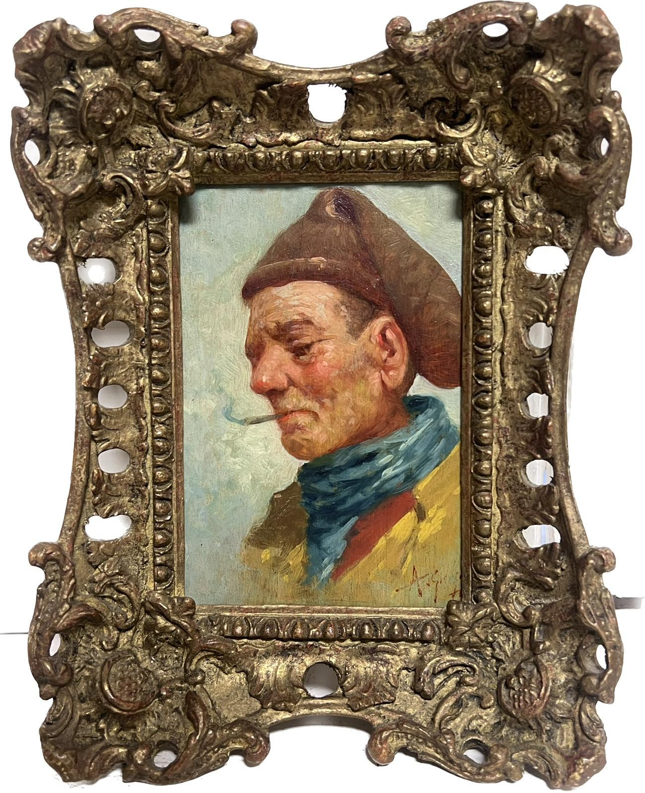 Neapolitan School Portrait Painting - The Pipe Smoker Late 19th Century Italian Signed Oil Painting Portrait of Man