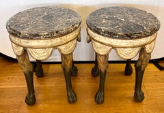 Neapolitan Style Round Marble Top Painted and Gilt End Side Table, a Pair